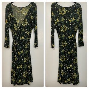 Laundry by Shelli Segal Green Floral Faux Wrap Dress Waist Tie Size 12